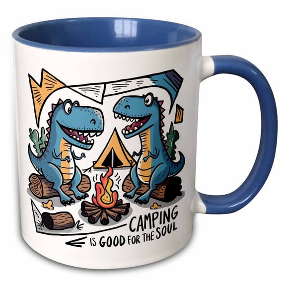 3drose, Funny Cute T-rex Dinosaurs Camping and Hiking Cartoon, 15oz Two-tone Blue Mug