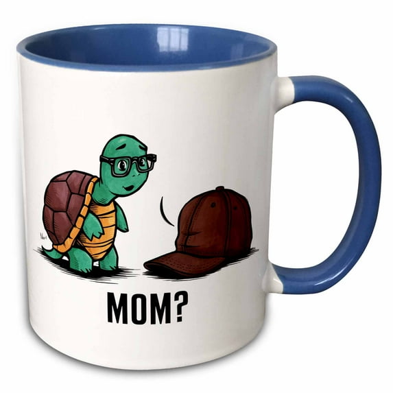 3drose, Funny Cute Turtle Thinks Baseball Cap Is Mom Satire, 11oz Two-tone Blue Mug