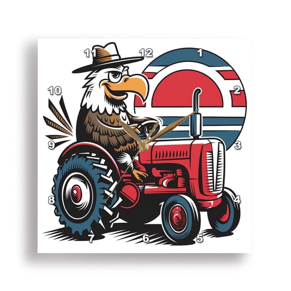 3dRose, Funny Cute Vintage Eagle Driving Red Tractor and Patriotic Sunrise, 10x10 Wall Clock