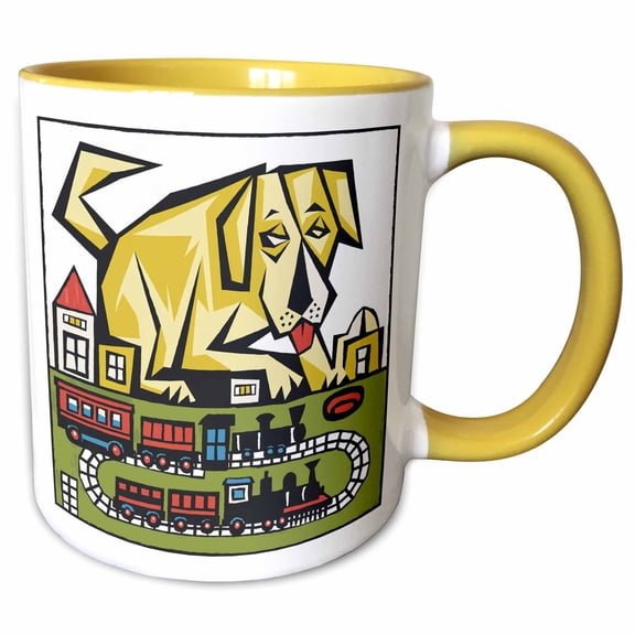 3drose, Funny Cute Yellow Labrador Dog Dog Playing with Model Train Set, 11oz Two-tone Yellow Mug