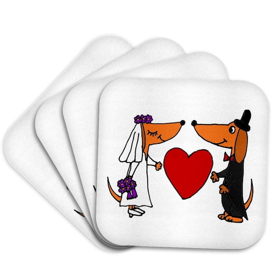 3dRose, Funny Dachshund Dogs Bride and Groom Wedding Art, Set of 4 Coasters - Soft