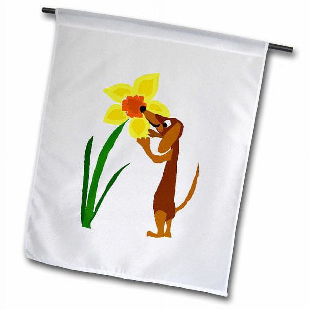 3dRose Funny Dachshund Puppy Dog Sniffing Daffodil Flower Art Polyester