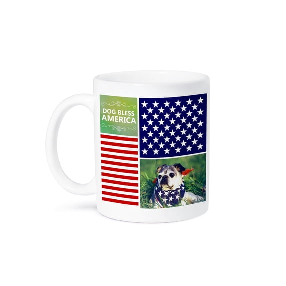 3dRose, Funny Dog Bless America - Cute patriotic pug puppy with American flag scarf - USA stars and stripes, 11oz Mug