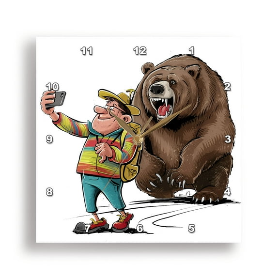 3dRose, Funny Foolish Tourist Taking Selfie with Bear Satire Cartoon, 15x15 Wall Clock