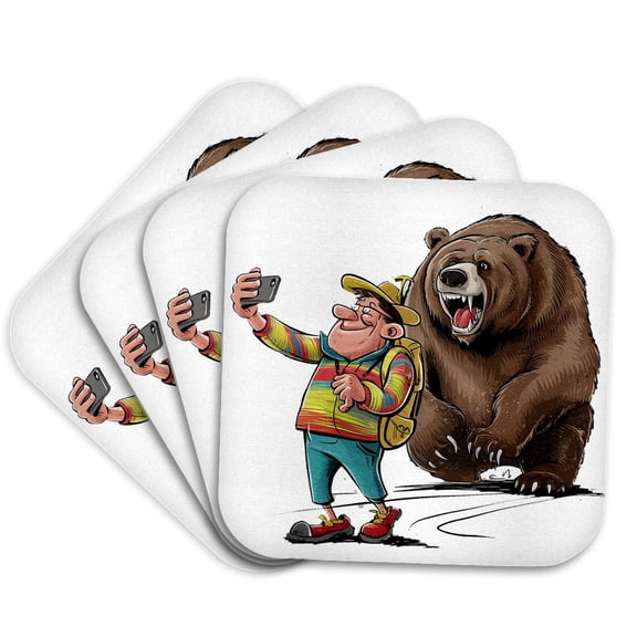 3drose, Funny Foolish Tourist Taking Selfie with Bear Satire Cartoon, Set of 4 Coasters - Soft