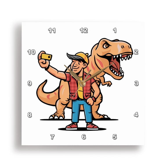 3dRose, Funny Foolish Tourist Taking Selfie with T-rex Dinosaur Satire Cartoon, 15x15 Wall Clock