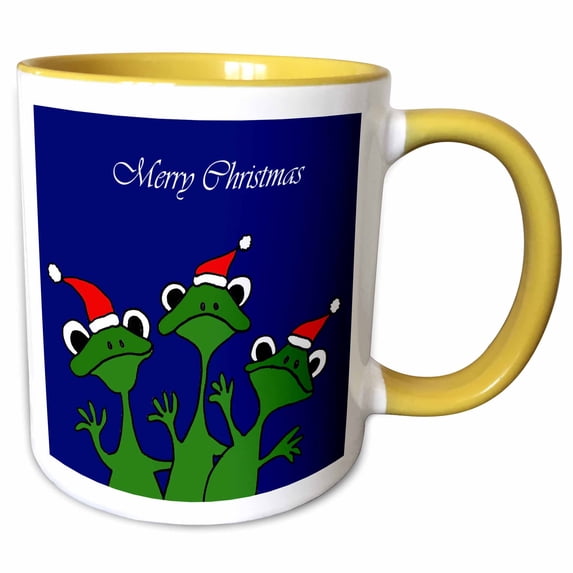 3drose, Funny Frogs in Santa Hats Christmas Art, 15oz Two-tone Yellow Mug