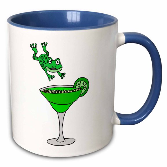 3drose, Funny Green Frog Leaping into Margarita Glass, 11oz Two-tone Blue Mug