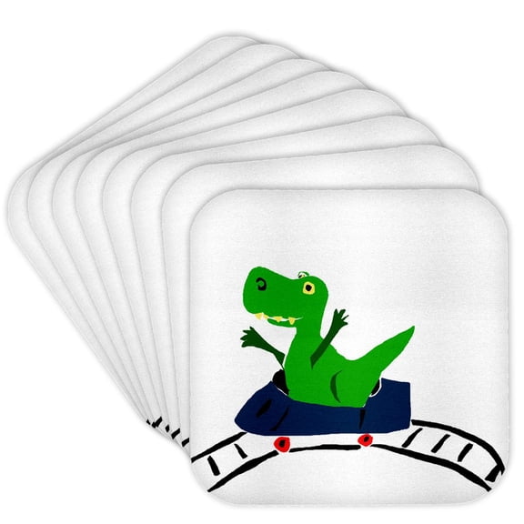 3dRose, Funny Green T-rex Dinosaur on Roller Coaster, Set of 8 Coasters - Soft