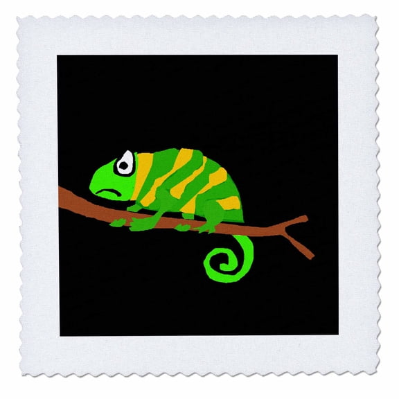 3dRose, Funny Green and Yellow Chameleon Primitive Art, 10x10 inch quilt square