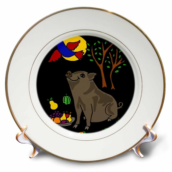 3dRose, Funny Grey Pot Bellied Pig with Food and Bluebird Overhead, 8 inch Porcelain Plate