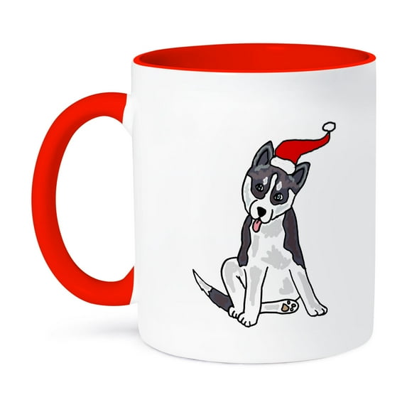 3dRose, Funny Grey Siberian Husky Dog in Santa Hat Christmas Art, 11oz Two-Tone Red Mug