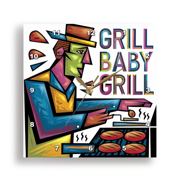 3dRose, Funny Grill Baby Grill Pun for Grilling Master Hamburgers Abstract, 15x15 Wall Clock