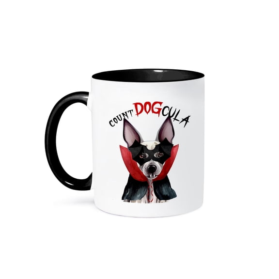 3dRose, Funny Halloween Hairless Terrier Dog in a Vampire Costume, 15oz Two-Tone Black Mug