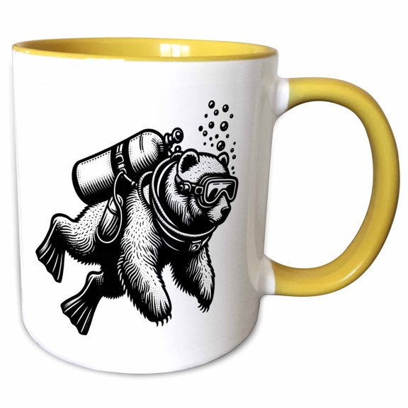 3drose, Funny Illustration of a Bear Scuba Diving, 11oz Two-tone Yellow Mug