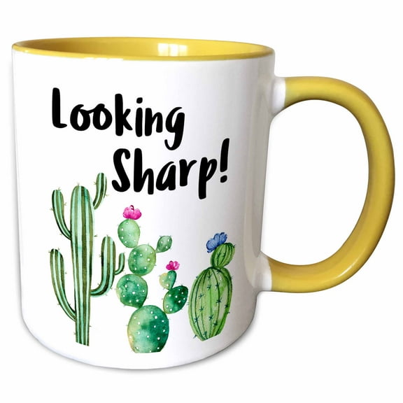 3drose, Funny Ironic Looking Sharp Watercolor Cactus Quote, 15oz Two-tone Yellow Mug