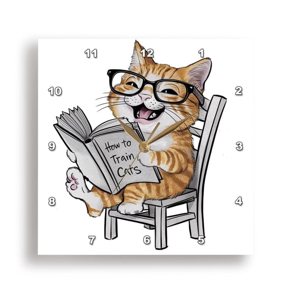 3dRose, Funny Laughing Kitty Cat reading How to Train Cats Book, 15x15 Wall Clock