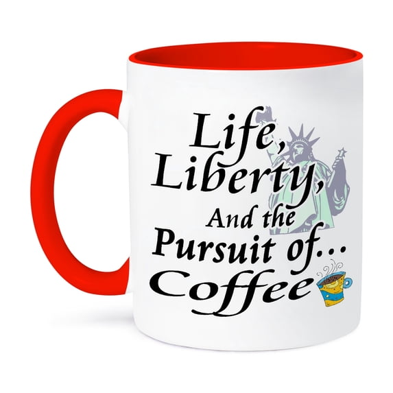 3dRose, Funny Life Liberty and The Pursuit of Coffee Caffeine Humor Design, 15oz Two-Tone Red Mug