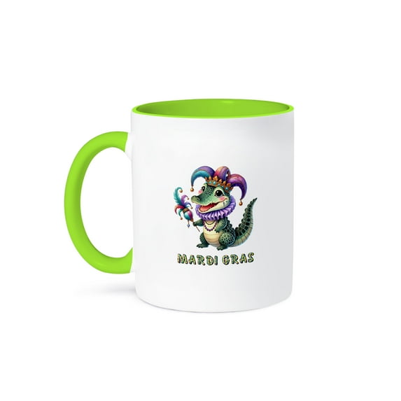 3drose, Funny Mardi Gras Crocodile with a Baton and in Fools Hat Nice Gift, 11oz Two-tone Green Mug