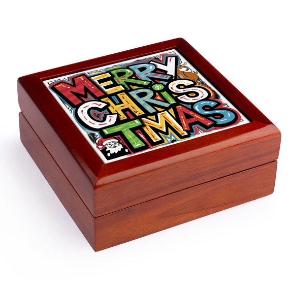 3dRose, Funny Merry Christmas Text and Reindeer and Santa Holiday Graffiti , Jewelry Box 5.5x5.5 inch with 4 inch tile