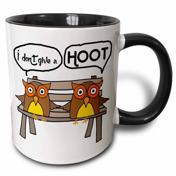 Funny Owls Dont Give A Hoot Pun Cartoon, 11oz Two-Tone Black Mug