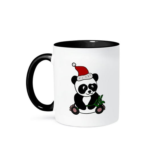 3dRose, Funny Panda Bear Wearing Santa Hat Christmas Art, 11oz Two-Tone Black Mug
