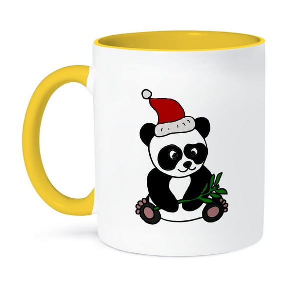 3dRose, Funny Panda Bear Wearing Santa Hat Christmas Art, 11oz Two-Tone Yellow Mug