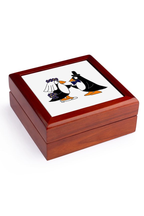 , Funny Penguins Bride and Groom Wedding Cartoon, Jewelry Box 5.5x5.5 inch with 4 inch tile