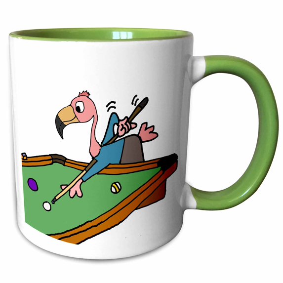 3drose, Funny Pink Flamingo Bird Playing Pool Game Cartoon, 11oz Two-tone Green Mug