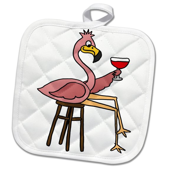 3dRose Funny Pink Flamingo on Bar Stool Drinking Red Wine - Pot Holder, 8 by 8-inch