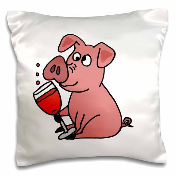 3dRose, Funny Pink Pig Drinking Wine Cartoon , 16x16 inch Pillow Case