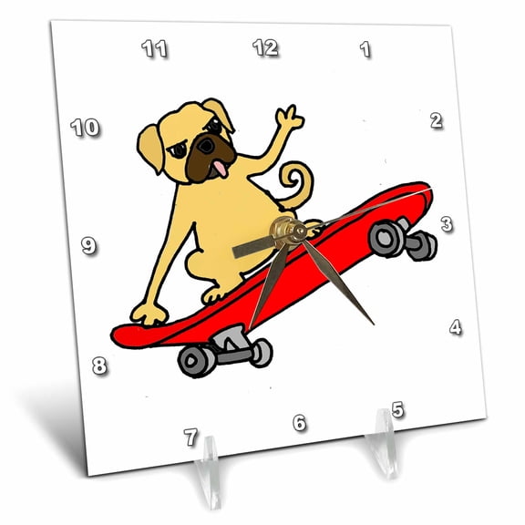 3dRose, Funny Pug Dog on Red Skateboard Art, 6x6 Desk Clock