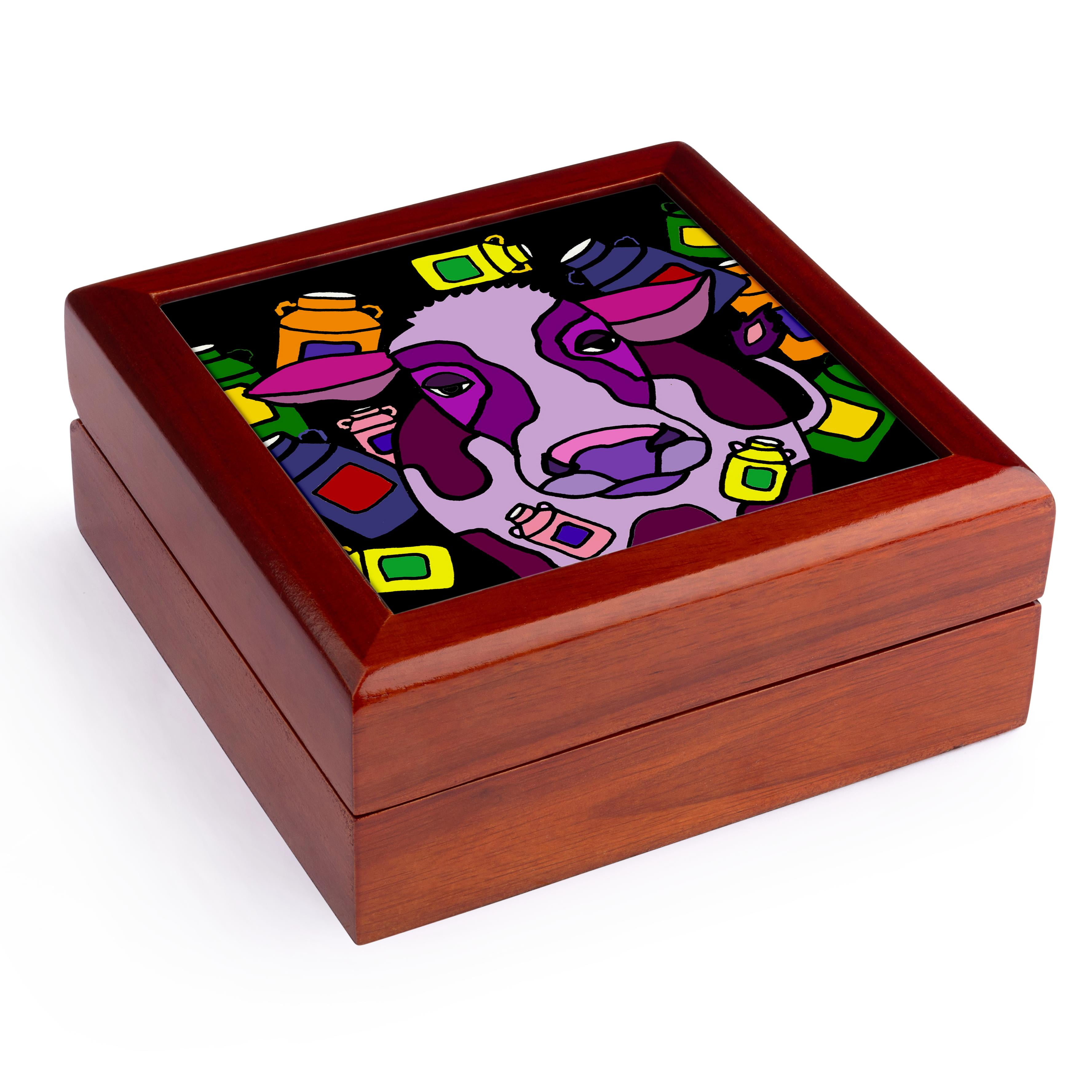 3dRose, Funny Purple Cow and Milk Jugs Abstract Art, Jewelry Box 5.5x5.5 inch with 4 inch tile