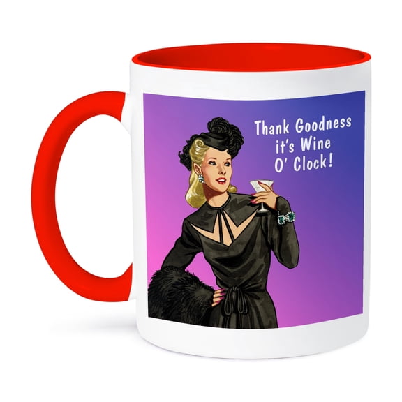 3dRose, Funny Retro Wine O Clock Design, 11oz Two-Tone Red Mug