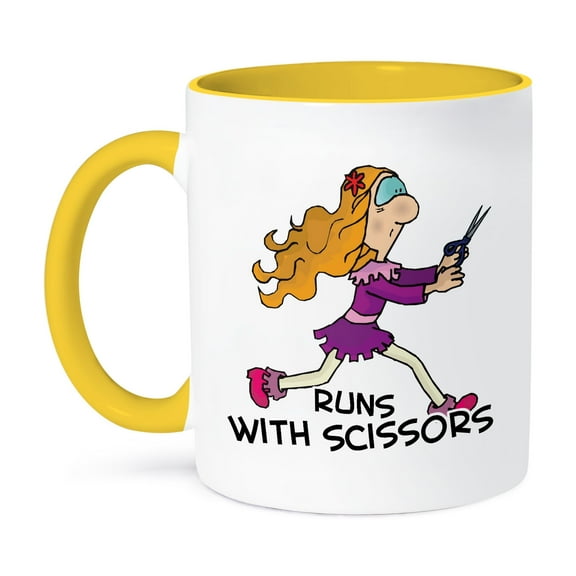3dRose, Funny Runs WIth Scissors Girl Humor Design, 11oz Two-Tone Yellow Mug