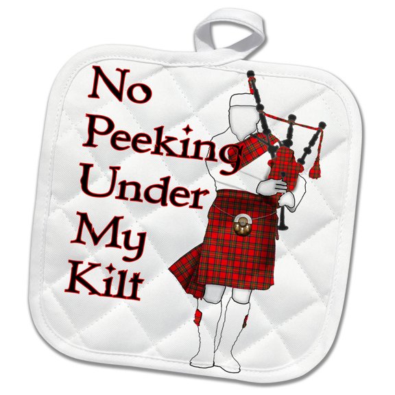 3dRose, Funny Scottish humor, No Peeking Under My Kilt, man playing bagpipes., 8x8 Potholder