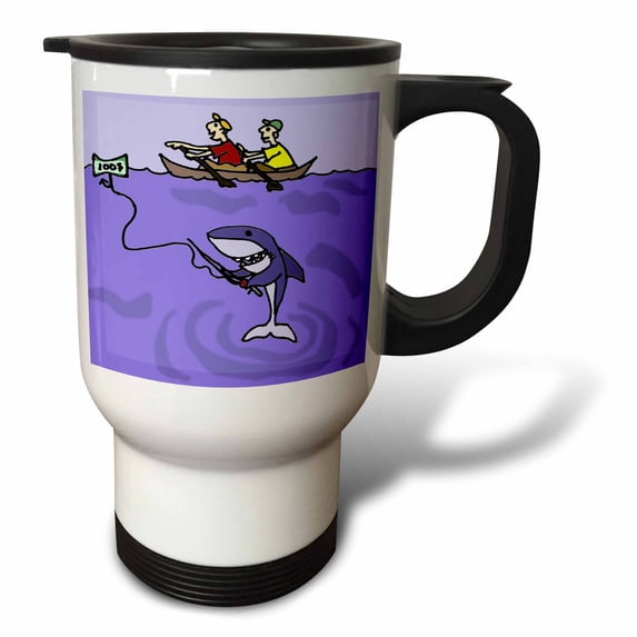 3drose, Funny Shark Fishing for Humans Cartoon, 14oz Stainless Steel Travel Mug