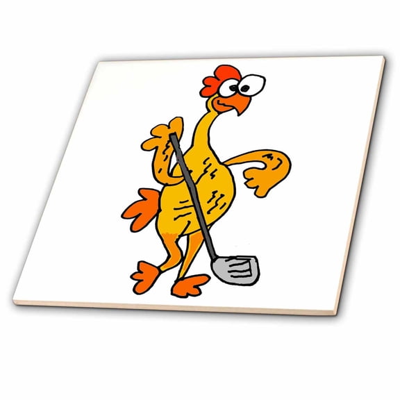 3dRose, Funny Silly Rubber Chicken Playing Golf Sports Cartoon, 4 Inch Ceramic Tile