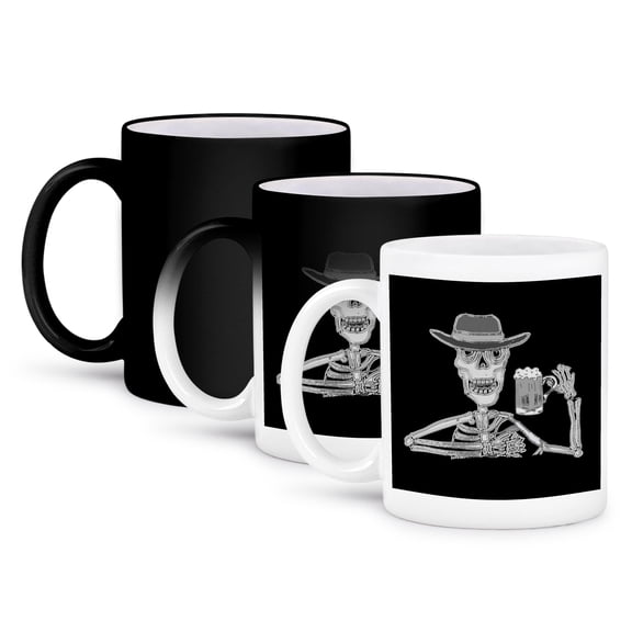 3dRose, Funny Skeleton Drinking Beer Goth Cartoon, 11oz Magic Transforming Mug