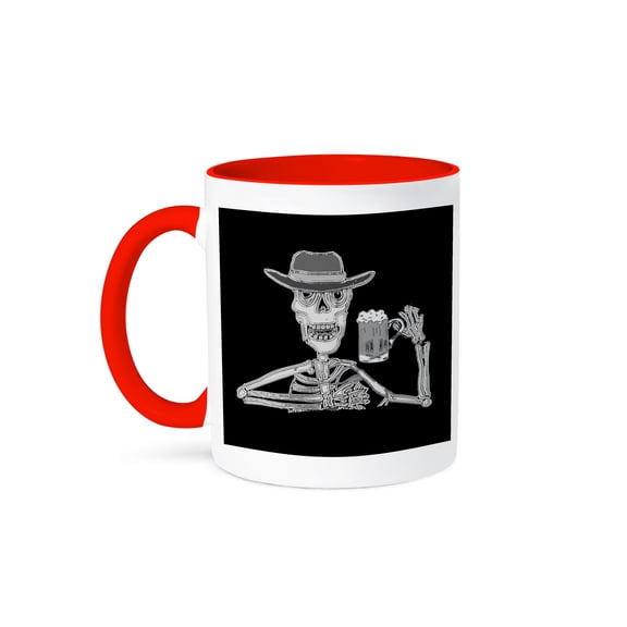 3dRose, Funny Skeleton Drinking Beer Goth Cartoon, 15oz Two-Tone Red Mug