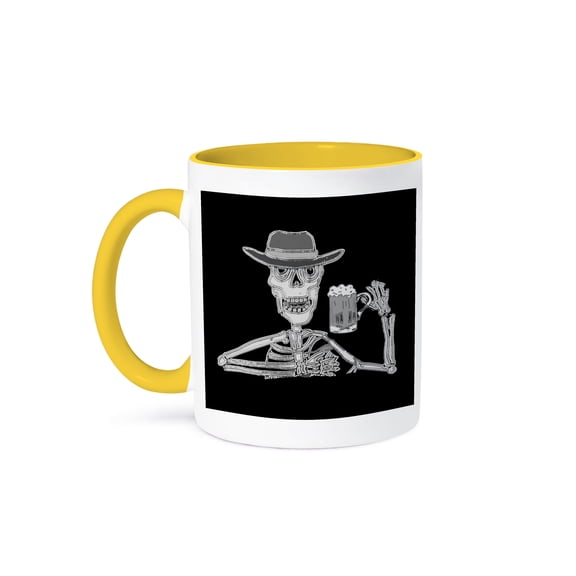3dRose, Funny Skeleton Drinking Beer Goth Cartoon, 15oz Two-Tone Yellow Mug