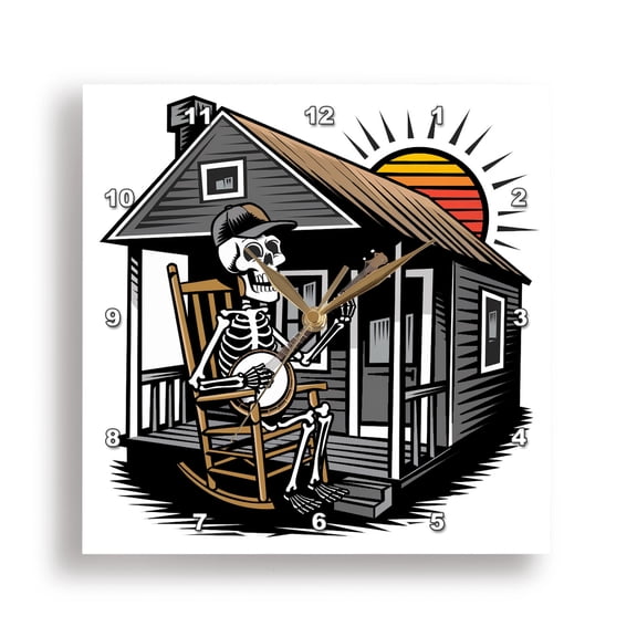 3dRose, Funny Skeleton Playing Banjo Music at Vintage Mountain Cabin Abstract, 15x15 Wall Clock