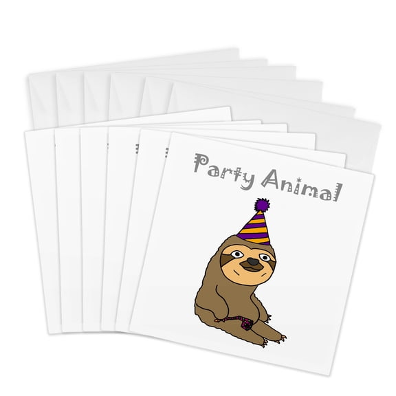 3dRose, Funny Sloth with Party Hat says Party Animal, 6 Greeting Cards with envelopes