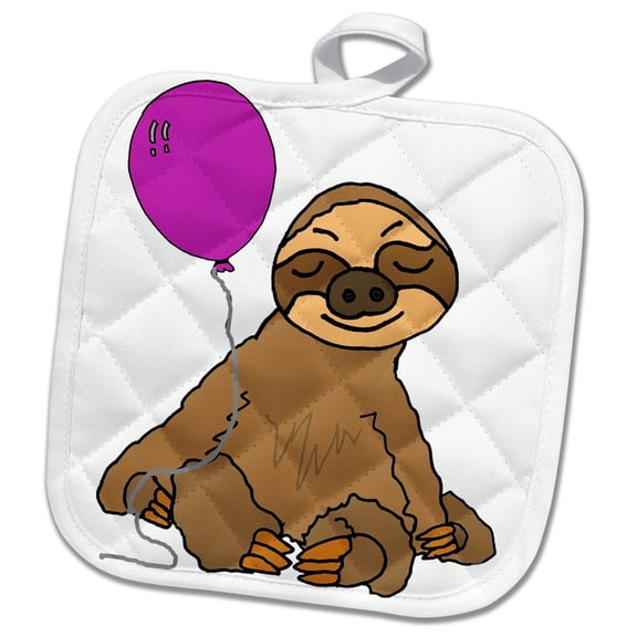 3dRose, Funny Sloth with Purple Balloon Cartoon, 8x8 Potholder