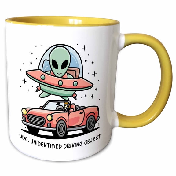 3drose, Funny Space Alien Udo Unidentified Driving Object Car, 15oz Two-tone Yellow Mug