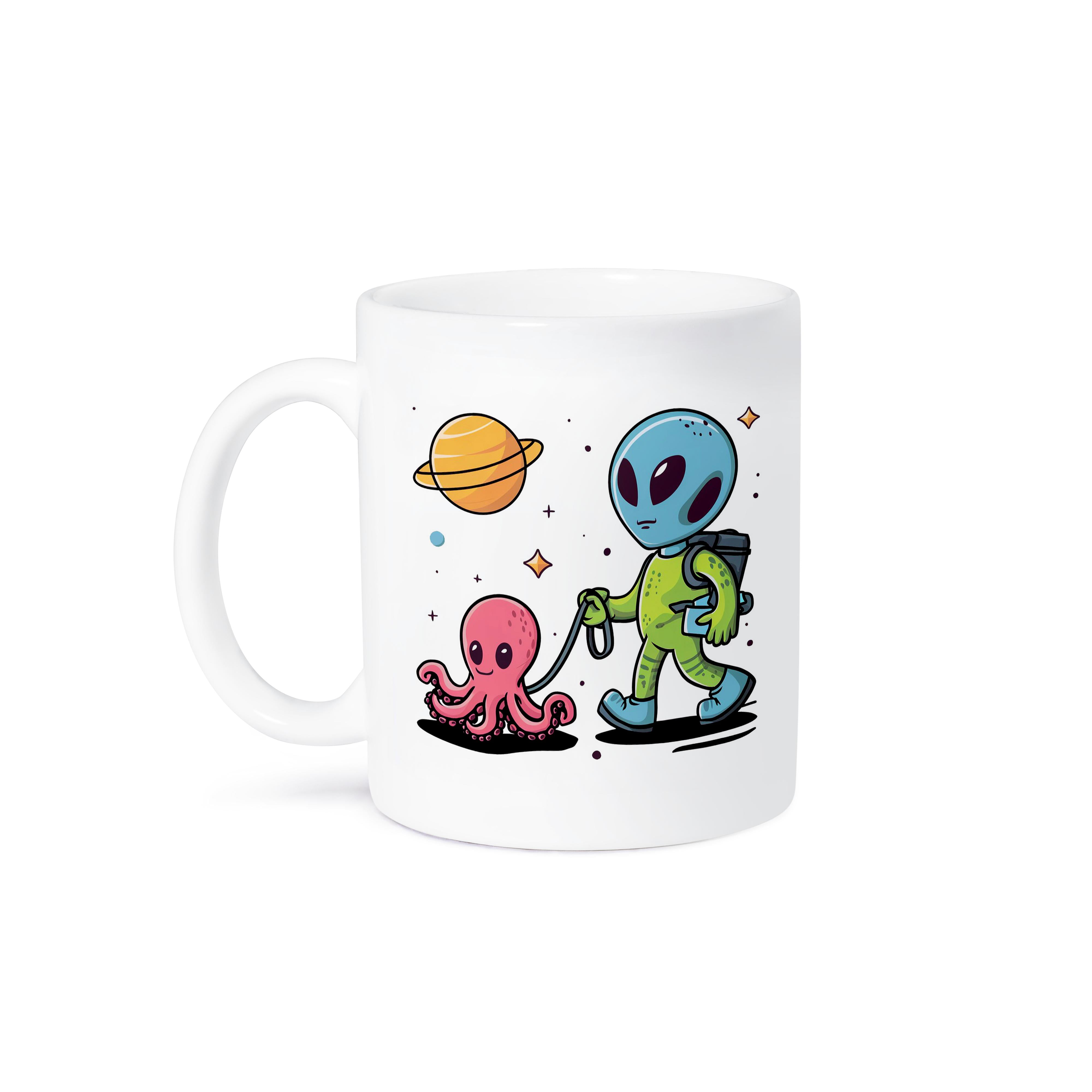 3dRose, Funny Space Alien Walking Pet Octopus on Leash with Saturn, 15oz Mug