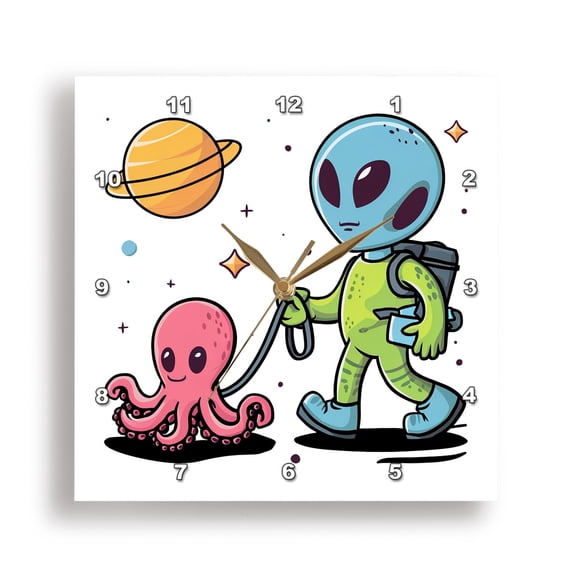 3dRose, Funny Space Alien Walking Pet Octopus on Leash with Saturn, 15x15 Wall Clock
