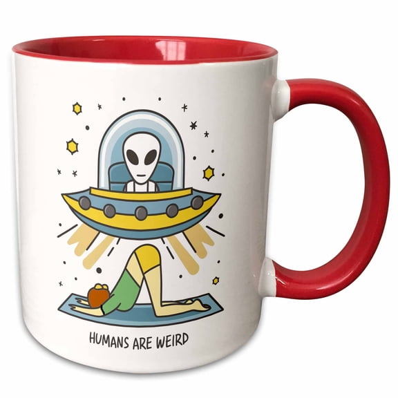 3drose, Funny Space Alien in Spaceship Over Human Yoga Humans Are Weird, 11oz Two-tone Red Mug