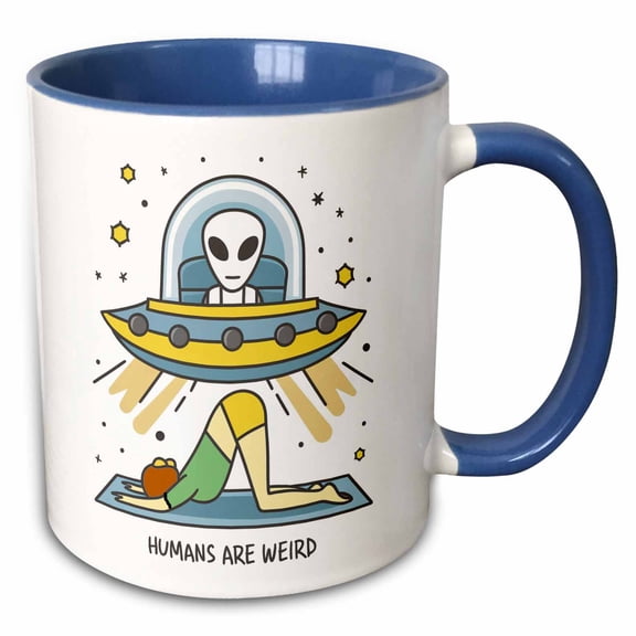 3drose, Funny Space Alien in Spaceship Over Human Yoga Humans Are Weird, 15oz Two-tone Blue Mug