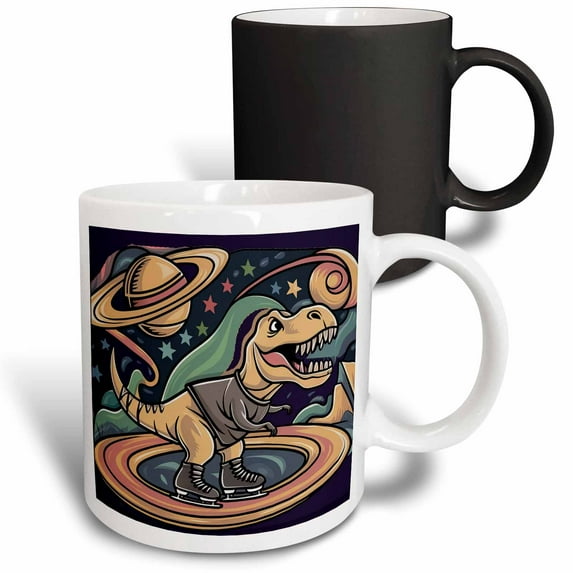 3drose, Funny T-rex Dinosaur Skating Saturn Ring Space Starry Night Abstract, 11oz Magic Transforming Mug